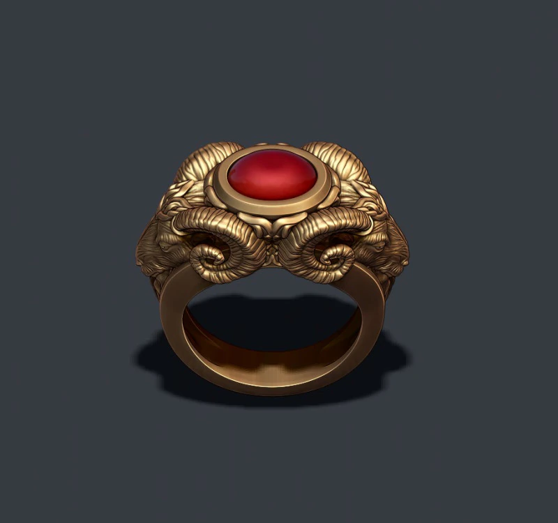 Two head ram ring with gem 3D Print Model .c4d .max .obj .3ds .fbx .stl .blend 