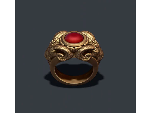 Pierścionek z dwiema głowami barana z klejnotem Model do druku 3D