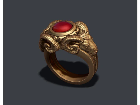 Two head ram ring with gem 3D Print Model