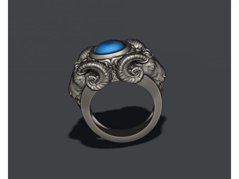 Two head ram ring with gem 3D Print Model