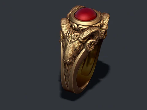 Two head ram ring with gem 3D Print Model