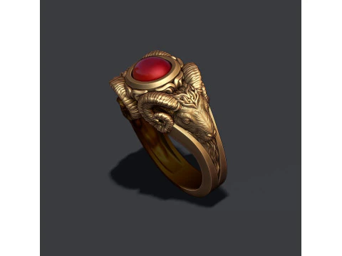 Two head ram ring with gem 3D Print Model