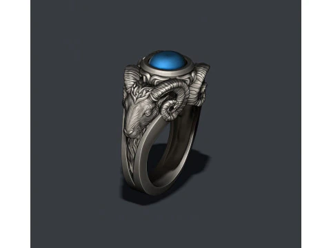 Two head ram ring with gem 3D Print Model