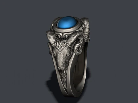 Two head ram ring with gem 3D Print Model
