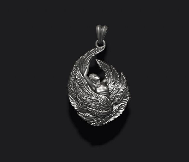 Girl with feather wings pendant v2 3D print model 3Dプリントモデル .c4d .max .obj .3ds .fbx .stl .blend
