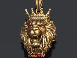 King lion with crown and chain gems pendant 3D Print Model
