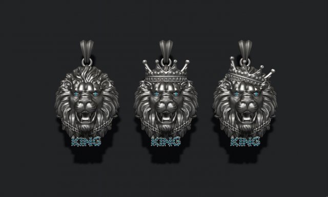 King lion with crown and chain gems pendants pack 3D 프린트 모델 .c4d .max .obj .3ds .fbx .stl .blend
