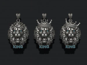 Pack de pendentifs roi lion avec couronne et cha&icirc;ne de pierres pr&eacute;cieuses Modèles 3D en vedette