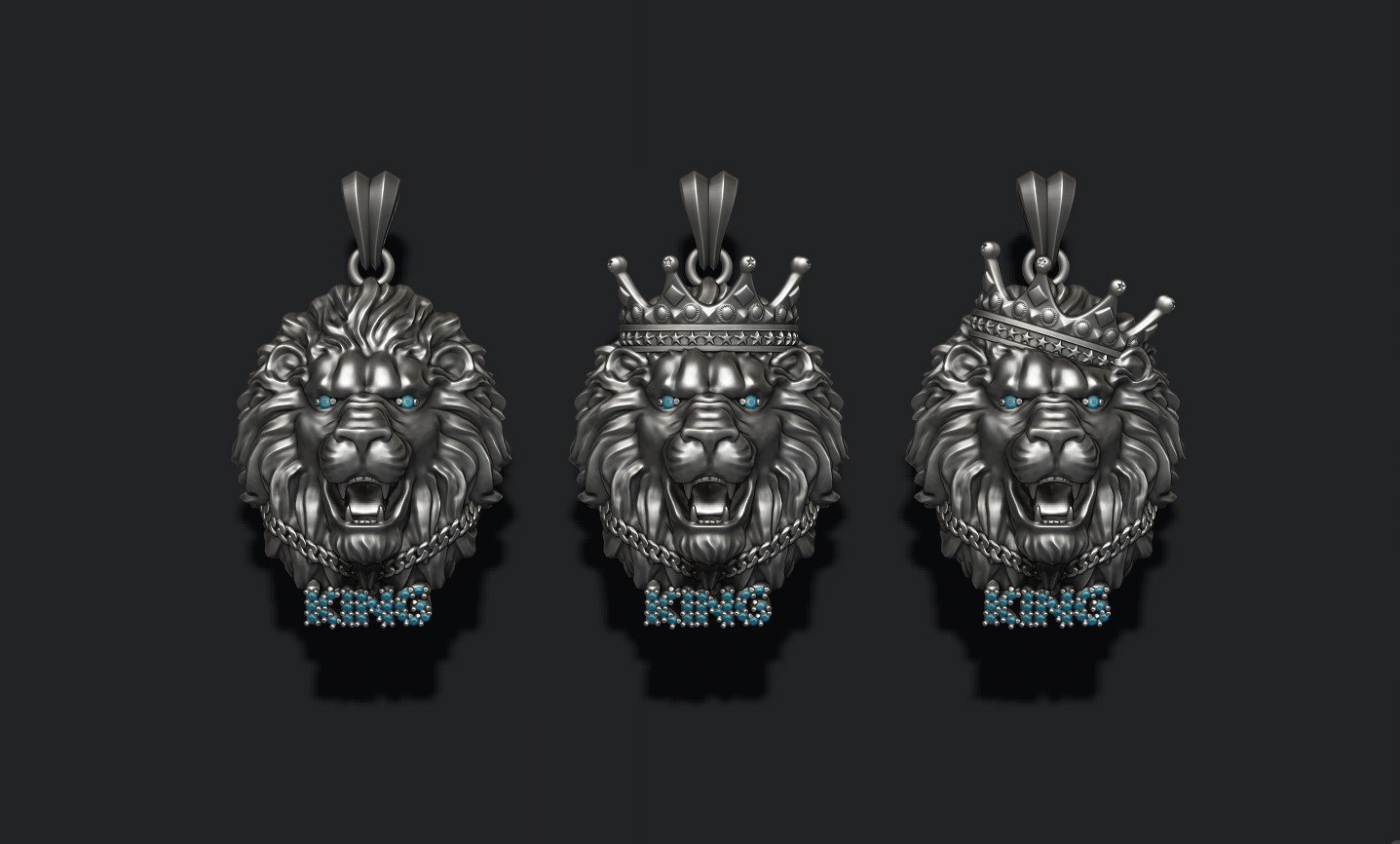 King lion with crown and chain gems pendants pack 3D Print Model