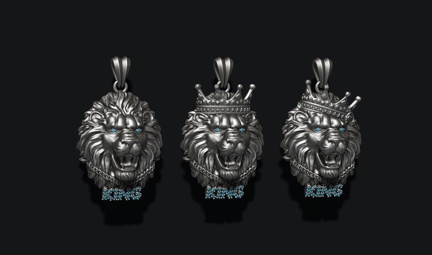 King lion with crown and chain gems pendants pack 3D Print Model