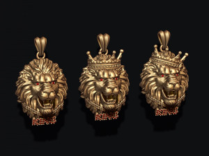 King lion with crown and chain gems pendants pack 3D 프린트 모델