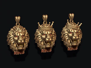 King lion with crown and chain gems pendants pack 3D Print Model