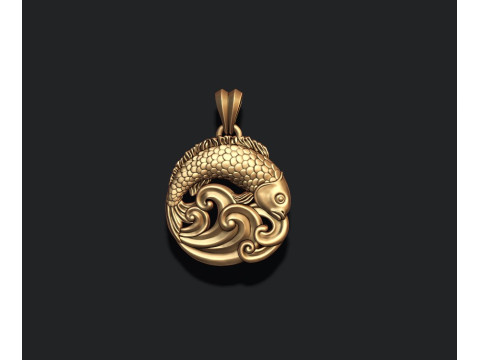 Fish and waves pendant 3D print model 3Dプリントモデル