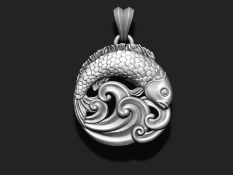 Fish and waves pendant 3D print model 3Dプリントモデル