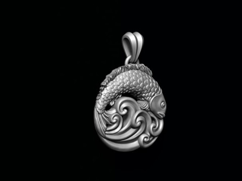Fish and waves pendant 3D print model 3Dプリントモデル