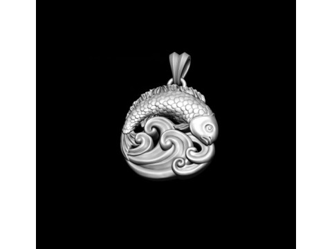 Fish and waves pendant 3D print model 3Dプリントモデル