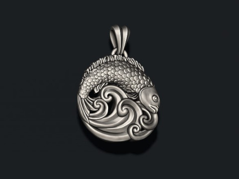Fish and waves pendant 3D print model 3Dプリントモデル