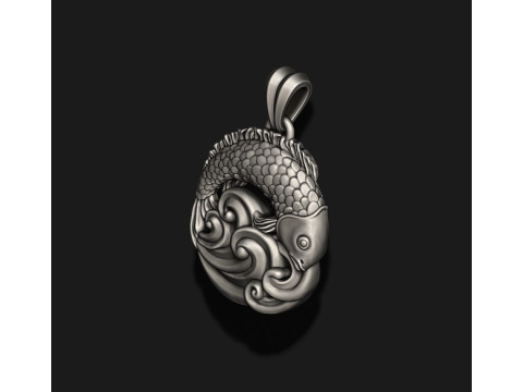 Fish and waves pendant 3D print model 3Dプリントモデル