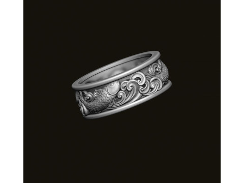 Fish and waves ring 3D print model 3Dプリントモデル
