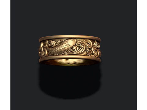 Fish and waves ring 3D print model 3Dプリントモデル