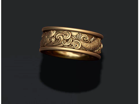 Fish and waves ring 3D print model 3D Print Model