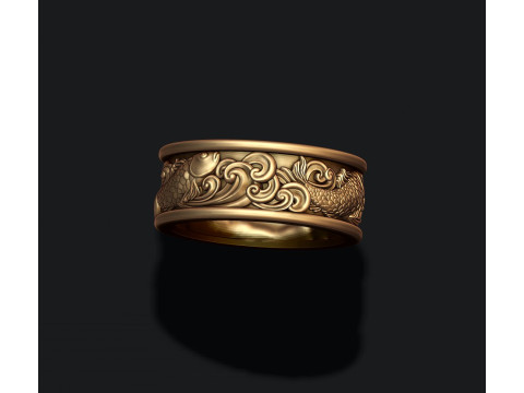 Fish and waves ring 3D print model 3Dプリントモデル