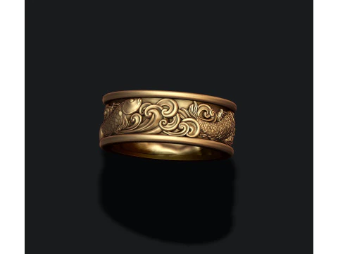 Fish and waves ring 3D print model 3D Print Model
