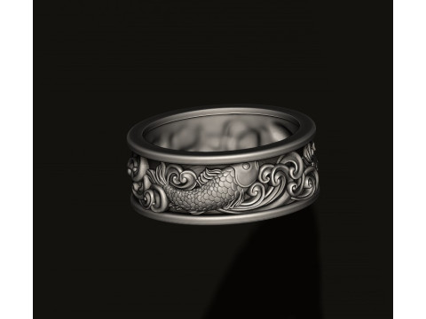 Fish and waves ring 3D print model 3Dプリントモデル