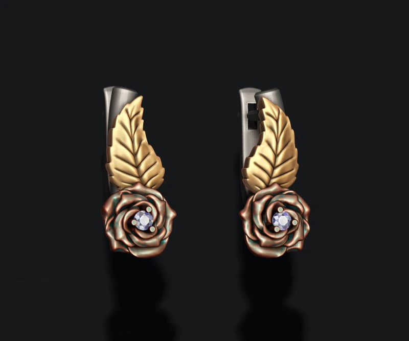 Rose earrings with gemstone 3D print model 3D Print Model .c4d .max .obj .3ds .fbx .stl .blend 