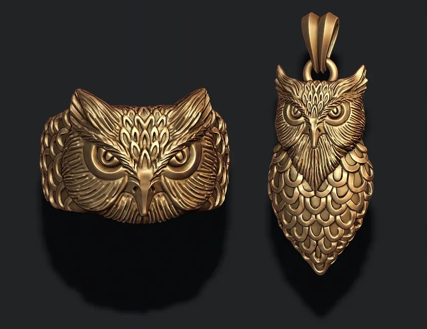 Owl ring pendant pack 3D Print Model .c4d .max .obj .3ds .fbx .stl .blend 