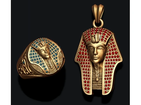 Pharaoh pendant ring with gems pack 3D Print Model
