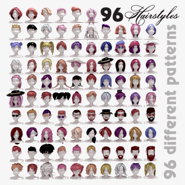 96 Hairstyles Model 3D .c4d .max .obj .3ds .fbx .stl .blend 