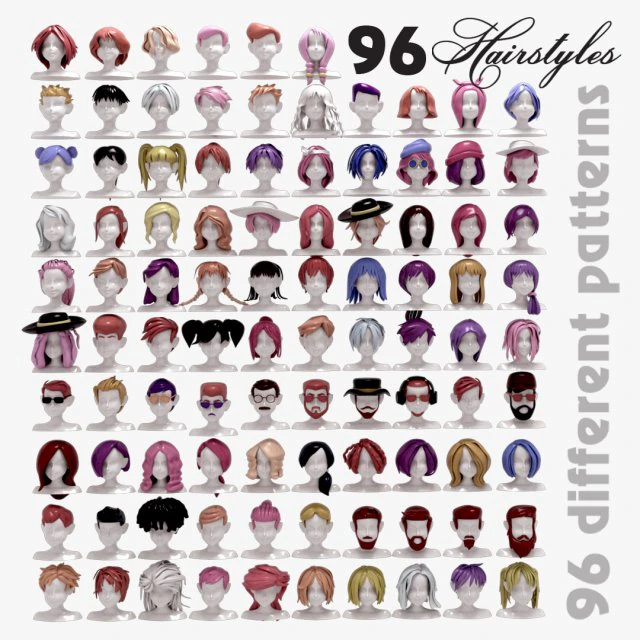 96 Hairstyles 3D Model .c4d .max .obj .3ds .fbx .stl .blend