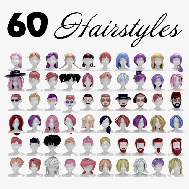 60 Hairstyles 3D Model .c4d .max .obj .3ds .fbx .stl .blend 