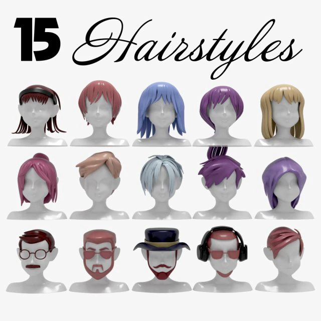 15 Hairstyles 3D Model .c4d .max .obj .3ds .fbx .stl .blend