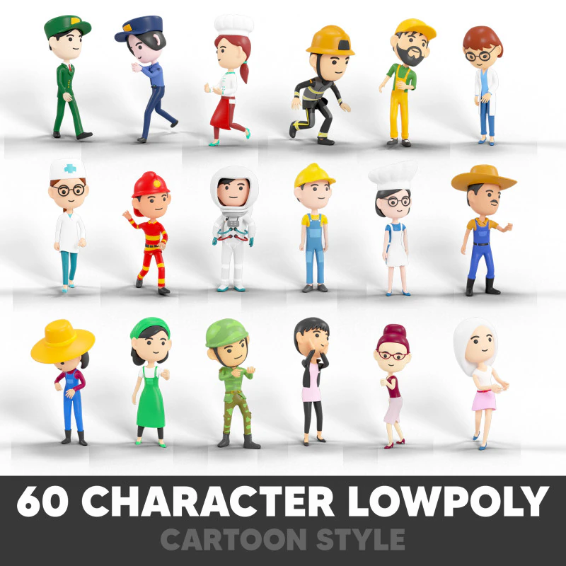 60 personaggi lowpoly Modello 3D .c4d .max .obj .3ds .fbx .stl .blend