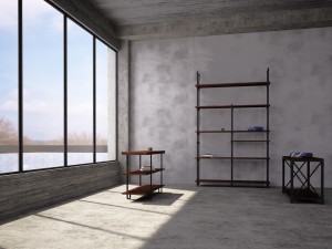 industrial steel pipe shelves and marley sofa table 3D-Modell