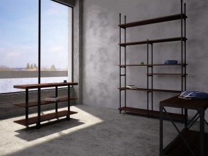 industrial steel pipe shelves and marley sofa table 3D-Modell