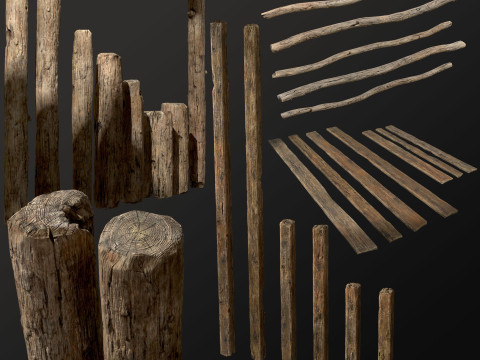Wooden constructor planks poles beams 26 pieces 3D 모델
