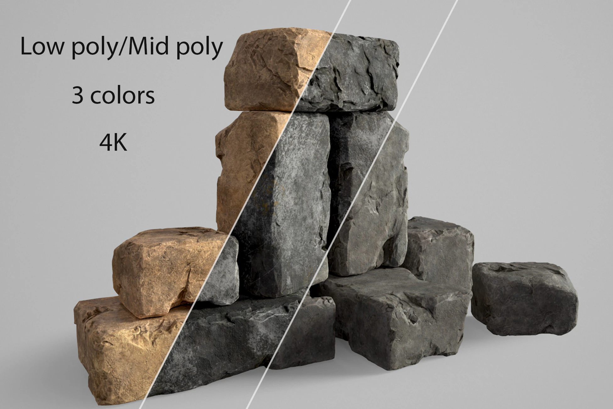 High detailed Stones rock set 01 3D Model .c4d .max .obj .3ds .fbx .stl .blend 