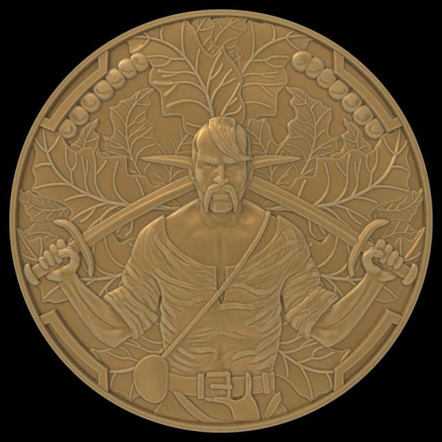 Coin with a Cossack with two sabers on a background of leaves 3D-printmodel .c4d .max .obj .3ds .fbx .stl .blend 