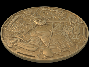 Coin with a Cossack with two sabers on a background of leaves 3D-printmodel