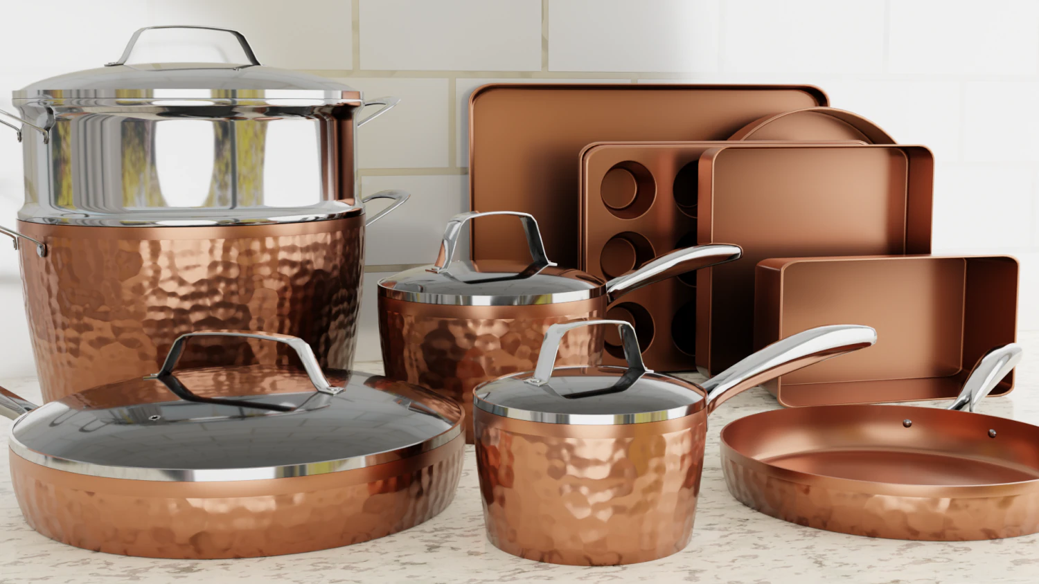Hammered Copper Cookware Set 15-Piece 3D Model .c4d .max .obj .3ds .fbx .stl .blend 