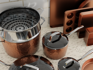 Hammered Copper Cookware Set 15-Piece Model 3D