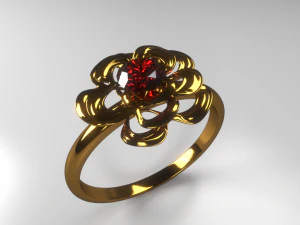 złoty pierścionek z czerwoną r&oacute;żą w kształcie kamienia Model 3D
