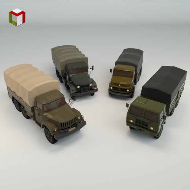 low poly military truck pack 01 Model 3D .c4d .max .obj .3ds .fbx .stl .blend 