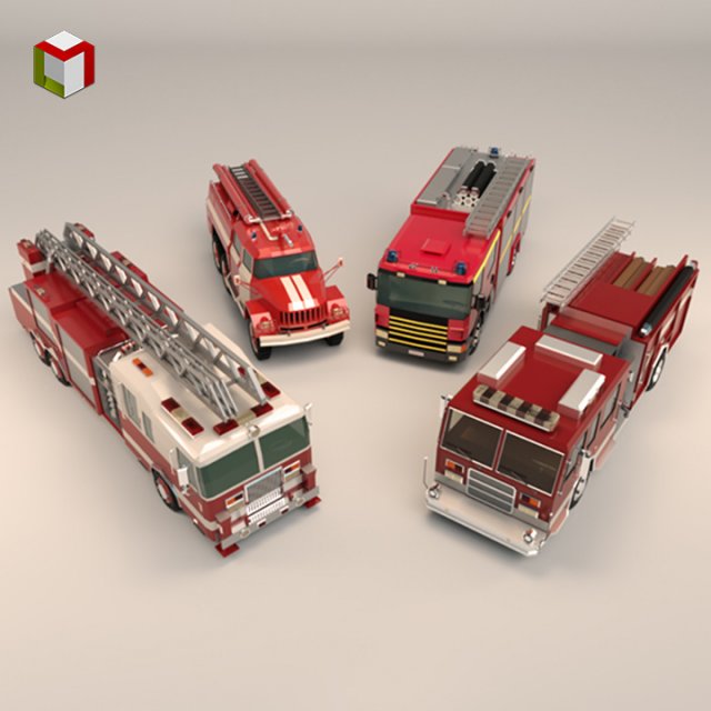 low poly fire truck pack 01 3D Model .c4d .max .obj .3ds .fbx .stl .blend 