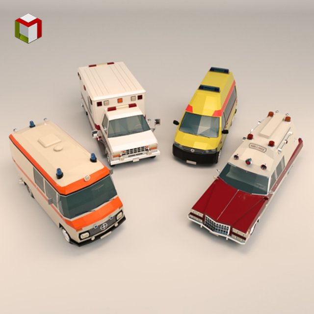 low poly ambulance pack 3D मॉडल .c4d .max .obj .3ds .fbx .stl .blend 