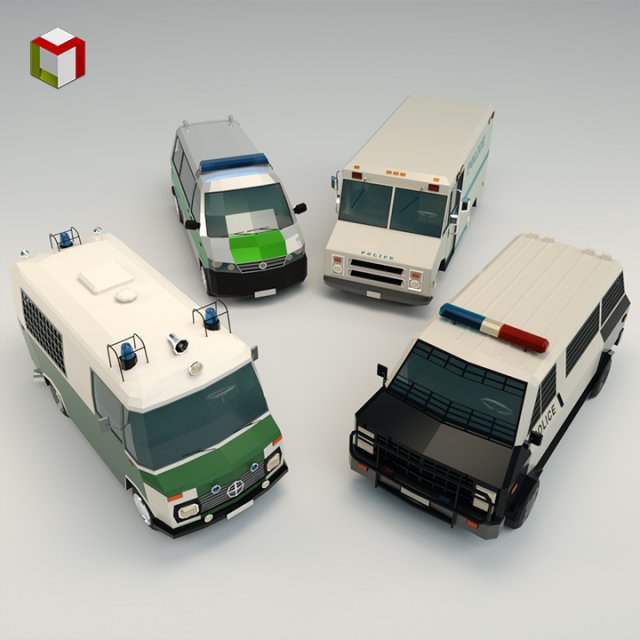 low poly police van pack 3D Model .c4d .max .obj .3ds .fbx .stl .blend 