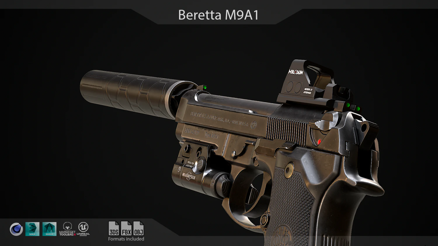 Beretta M9A1 3D Model .c4d .max .obj .3ds .fbx .stl .blend
